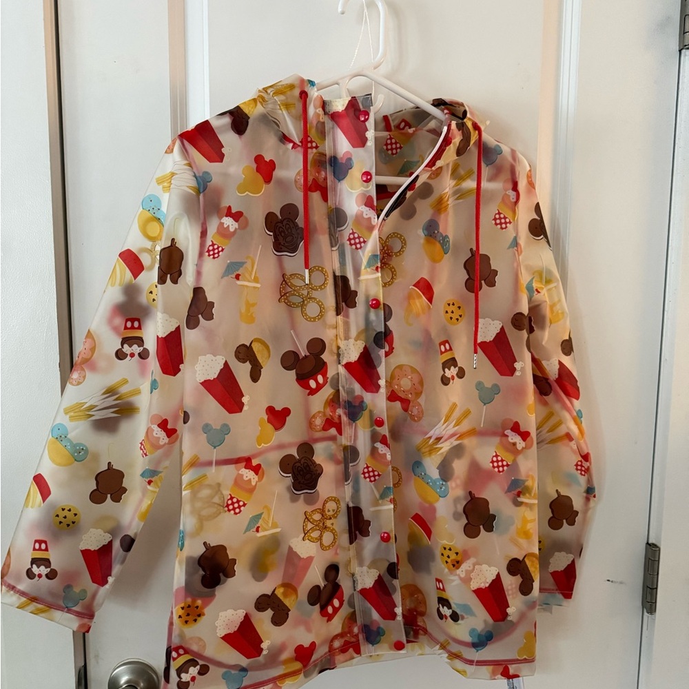 Disney Clear Hooded Raincoat with Red Trim and Multicolor Snack Print , SMALL